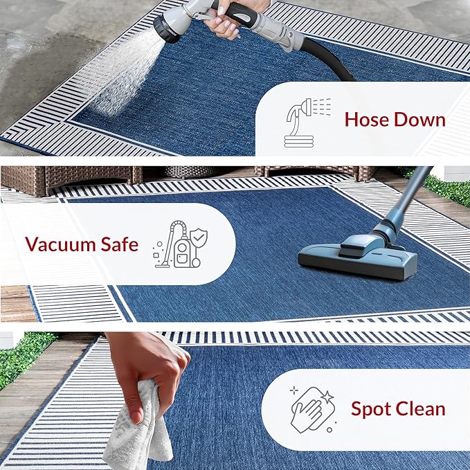 Nuloom Asha Navy/Ivory, 8' Square, Casual, Striped Border, Soft and Cozy, High Traffic, Stain Resistant, Easy Clean, Durable Area Rug for Indoor/Outdoor Patio, Deck, Porch, Garden, Courtyard