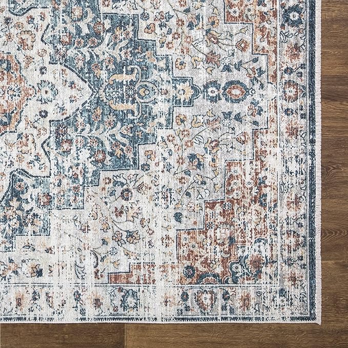 Bloom Rugs Caria Washable Non-Slip 12 ft Runner - Terracotta/Teal Traditional Runner for Entryway, Hallway, Bathroom, and Kitchen - Exact Size: 2'6" x 12'
