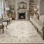 HUGEAR Area Rug 8x10 Vintage Brown Machine Washable Living Room Rugs Thin Neutral Floral Vacuumable Low Pile Carpet Bedroom Office Dining Room Laundry Room Non Slip Soft Lightweight