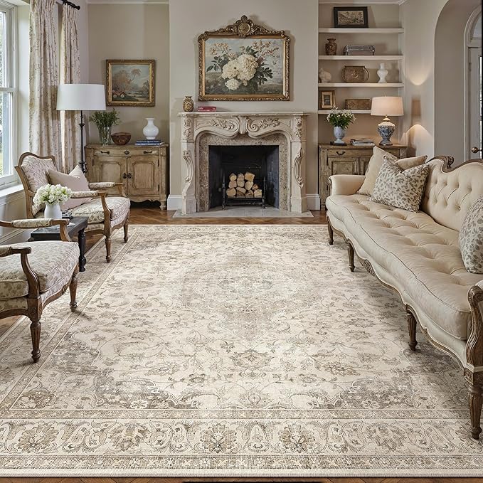 HUGEAR Area Rug 8x10 Vintage Brown Machine Washable Living Room Rugs Thin Neutral Floral Vacuumable Low Pile Carpet Bedroom Office Dining Room Laundry Room Non Slip Soft Lightweight