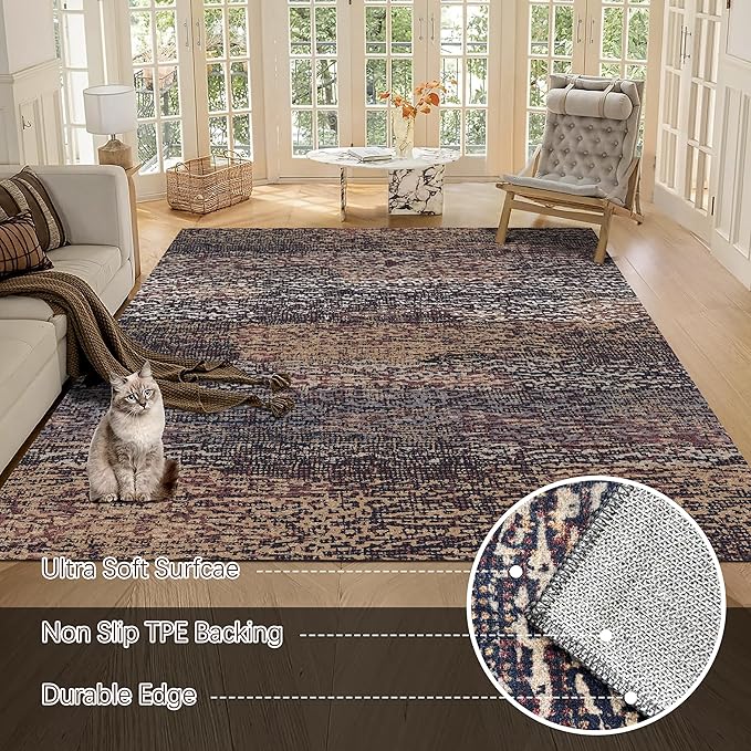 RUGSURE Washable Area Rug - 1/6 Thick - Stain & Water Resistant Non-Slip - Resistant Rug for Living Room, Bedroom, Nursery, Pet & Child Friendly, Vintage Charm Area Rugs (Rust, 8' x 10')