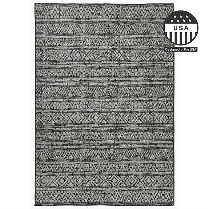 FH Home Flat Woven Outdoor Rug - Waterproof, Easy to Clean, Stain Resistant - Premium Polypropylene Yarn - Striped Boho - Large Patio, Deck, Sunroom - Amman - Charcoal - 7ft 10in x 10ft 9in