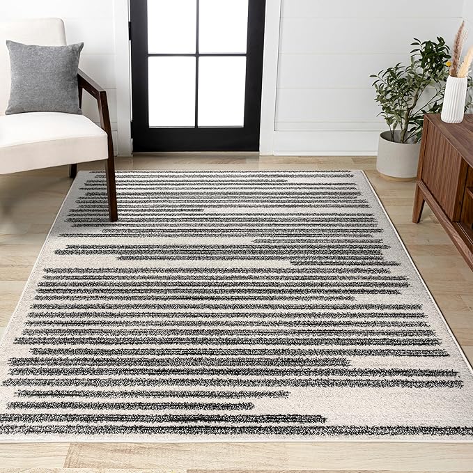 JONATHAN Y Khalil Modern Berber Stripe Cream/Black Indoor Area Rug, 9x12, Contemporary, Bohemian, Easy-Cleaning for Living Room, Bedroom, Kitchen, Pet Friendly, Non-Shedding (MOH207A-9)