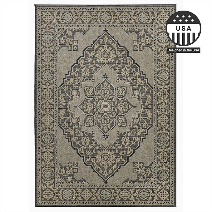 FH Home Flat Woven Outdoor Rug - Waterproof, Easy to Clean, Stain Resistant - Premium Polypropylene Yarn - Vintage - Large Patio, Deck, Sunroom - Ankara - Charcoal - 7ft 10 in x 10ft 9in