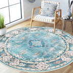 MUJOO Teal Round Rug 5ft,Circle Washable Area Rugs for Bedroom Living Room Bathroom,Boho Large Non Slip Circular Carpet,Floral