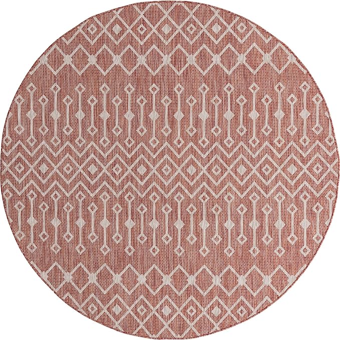 Unique Loom Outdoor Trellis Collection Area Rug - Tribal Trellis (7' 10" Round, Rust Red/ Ivory)