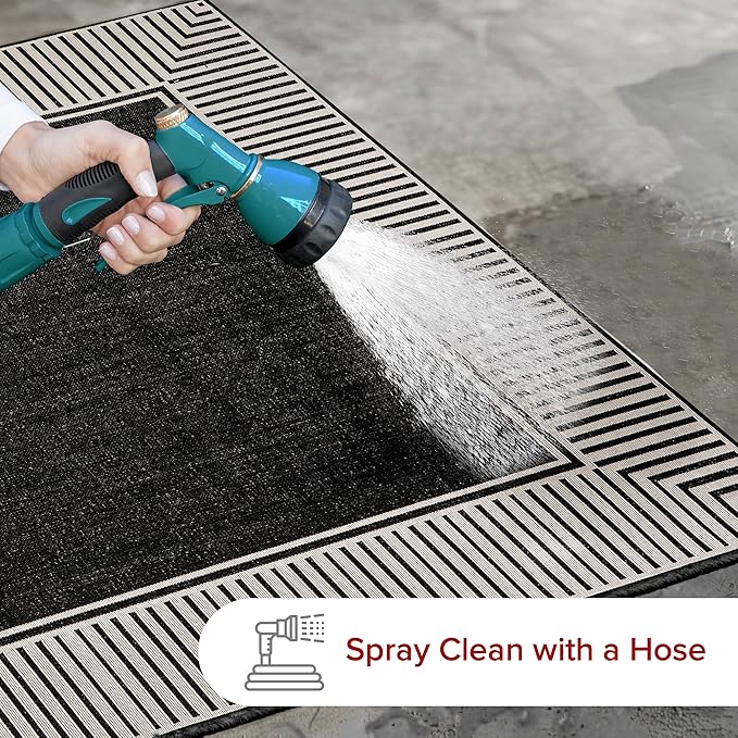 Nuloom Asha Black/Ivory, 9'6" x 12', Casual, Striped Border, Soft and Cozy, High Traffic, Stain Resistant, Easy Clean, Durable Area Rug for Indoor/Outdoor Patio, Deck, Porch, Garden, Courtyard