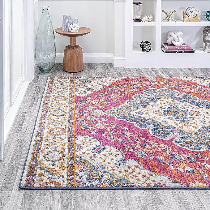 JONATHAN Y Boho Vintage Fuchsia/White Indoor Area Rug, 4x6, Bohemian Flair Medallion, Floral Easy-Cleaning High Traffic for Living Room, Bedroom, Kitchen, Pet-Friendly, Non-Shedding (BMF106C-4)