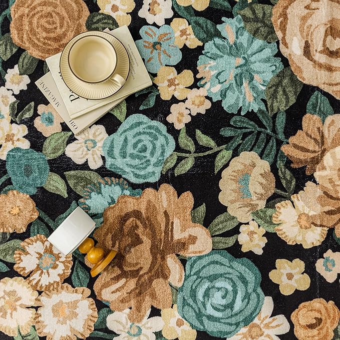 Washable Floral Area Rug 3x5 Black Office Carpet Scalloped Flower Non Slip Soft Entrance Door Mat Farmhouse Low Pile Thin Indoor Floor Cover for Kitchen Bathroom Bedroom Laundry Living Room