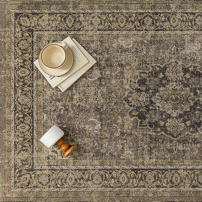 5x7 Brown Washable Vintage Runner Rug for Living Room Bedroom Soft Tranditional Non Slip Large Throw Rug Lightweight Floral Low Pile Distressed Carpet Laundry Dining Room Kitchen Office