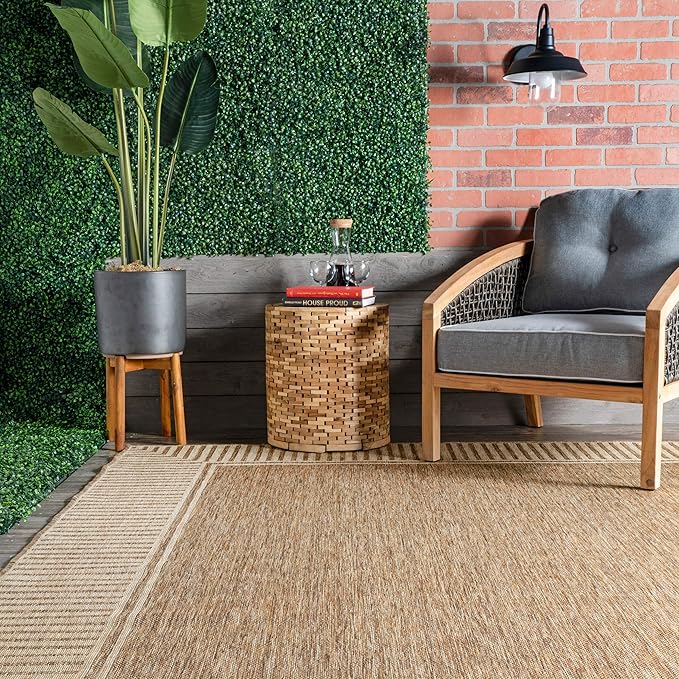 Nuloom Asha Light Brown/Ivory, 4' x 6', Casual, Striped Border, Soft and Cozy, High Traffic, Stain Resistant, Easy Clean, Durable Area Rug for Indoor/Outdoor Patio, Deck, Porch, Garden, Courtyard