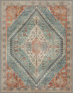 Bavni Washable Rug 8x10 Area Rug for Living Room Bedroom Dining, Washable Vintage Print Carpet, Ultra-Thin Chenille Low Pile Lightweight Rug with Non Slip Backing, Light Red/Blue