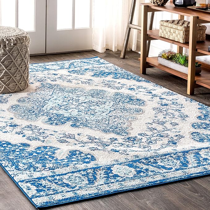 JONATHAN Y Boho Vintage Cream/Blue Indoor Area Rug, 8x10, Bohemian Flair Medallion, Floral Easy-Cleaning High Traffic for Living Room, Bedroom, Kitchen, Pet-Friendly, Non-Shedding (BMF106B-8)