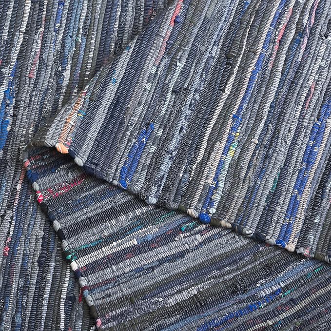 SAFAVIEH Rag Rug Collection Area Rug - 6' x 9', Ink & Multi, Handmade Boho Stripe Cotton, Ideal for High Traffic Areas in Living Room, Bedroom (RAR121C)