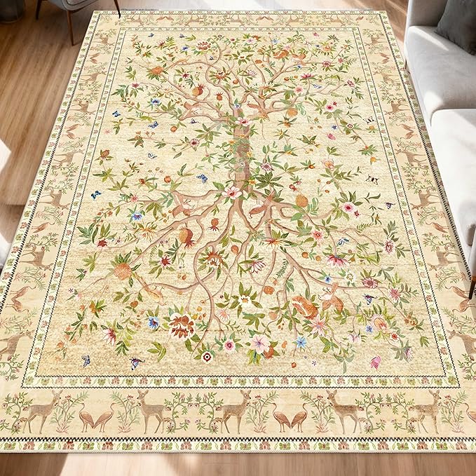 5x7 Area Rugs for Living Room, Machine Washable Non-Slip Carpet, Boho Floral Low Pile Throw Rugs for Bedroom, Dining Room, Office, Nursery, Vintage Home Decor（Beige）