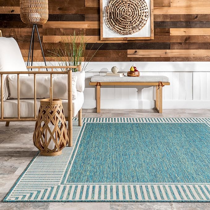 Nuloom Asha Teal/Ivory, 9'6" x 12', Casual, Striped Border, Soft and Cozy, High Traffic, Stain Resistant, Easy Clean, Durable Area Rug for Indoor/Outdoor Patio, Deck, Porch, Garden, Courtyard