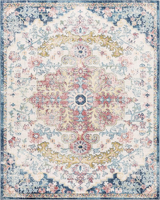 Livabliss Area Rugs - 9x12 Odelia Vintage Boho Aqua Burgandy Blue Area Rug for Living Room Bedroom - Floral Medallion Stain Resistant Carpet for Kitchen, Nursery, Office (8'10" x 12')