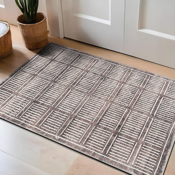 Rugshop Bohemian Stripe Lines Washable Non Slip Area Rug 2' x 3' Brown