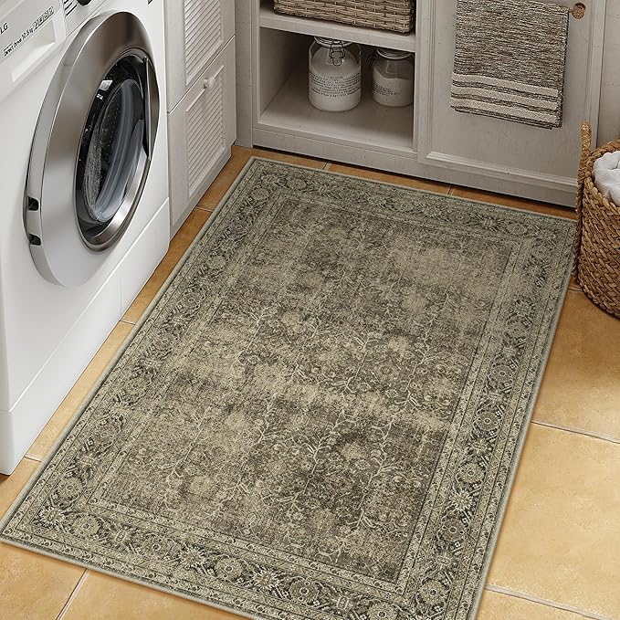 Vintage Area Rug 4x6 Light Brown Bedroom Indoor Kitchen Washable Living Room Carpet Tribal Distressed Retro Accent Throw Rug for Office Dining Room Bathroom Faux Wool