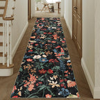 Floral Runner Rug 2x12 Washable Hallway Long Black Bedroom Carpet Non Slip Indoor Boho Kitchen Low Pile Accent Rug Lightweight Soft for Bathroom Dining Laundry Living Room