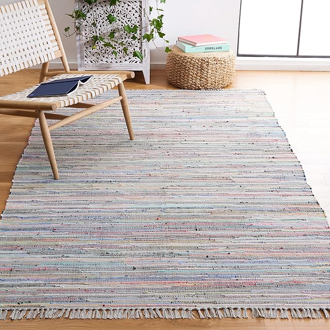 SAFAVIEH Rag Rug Collection Area Rug - 4' Square, Grey & Multi, Handmade Boho Stripe Cotton, Ideal for High Traffic Areas in Living Room, Bedroom (RAR121M)