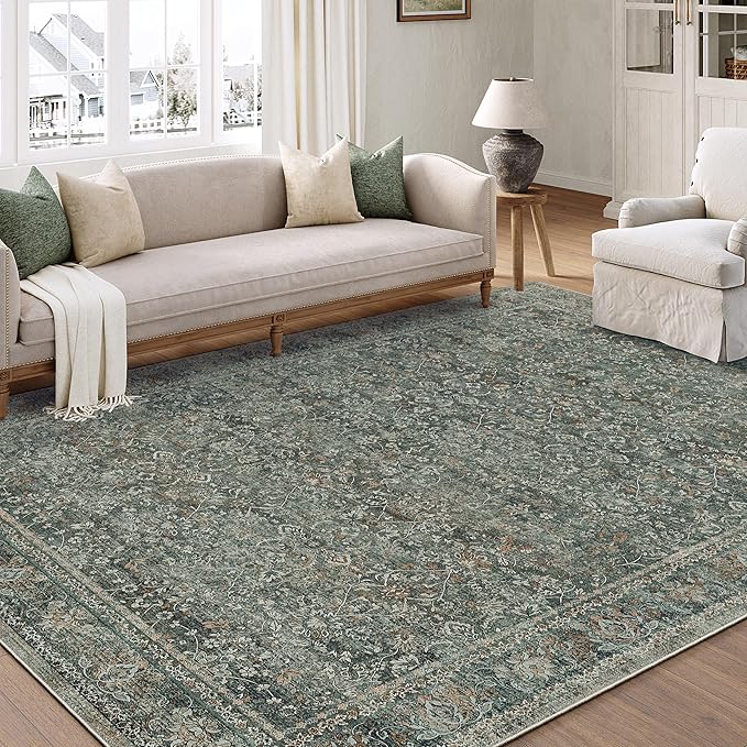 Area Rug 6x9 Gray Living Room Washable Vintage Carpet Non Slip Indoor Retro Traditional Grey Accent Throw Large Rug for Office Bedroom Dining Room Playroom