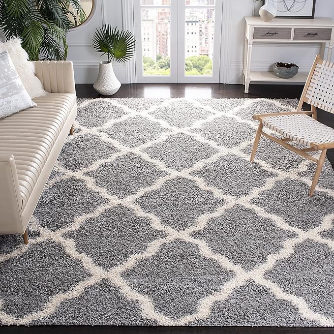 SAFAVIEH Dallas Shag Collection Area Rug - 8'6" x 12', Grey & Ivory, Trellis Design, Non-Shedding & Easy Care, 1.5-inch Thick Ideal for High Traffic Areas in Living Room, Bedroom (SGD257G)