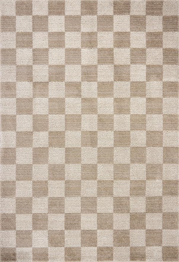 Loloi Chris Loves Julia Calvin Collection CLV-01 Pebble/Ivory 7'-10" x 7'-10" Round Area Rug Checkered Neutral Soft Living Room Bedroom Carpet