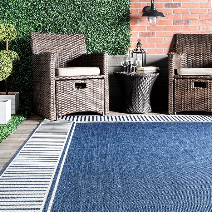 Nuloom Asha Navy/Ivory, 2' x 3', Casual, Striped Border, Soft and Cozy, High Traffic, Stain Resistant, Easy Clean, Durable Area Rug for Indoor/Outdoor Patio, Deck, Porch, Garden, Courtyard