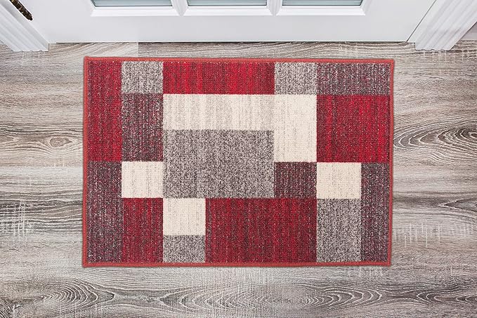 Modern Boxes Design Non-Slip (Non-Skid) Area Rug 20" X 30" Red