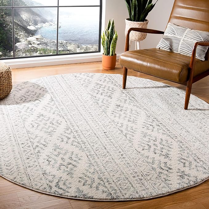 SAFAVIEH Tulum Collection Area Rug - 9' Round, Ivory & Grey, Moroccan Boho Tribal Design, Non-Shedding & Easy to Clean, Ideal for Living Room, Bedroom, Dining Space (TUL272A)