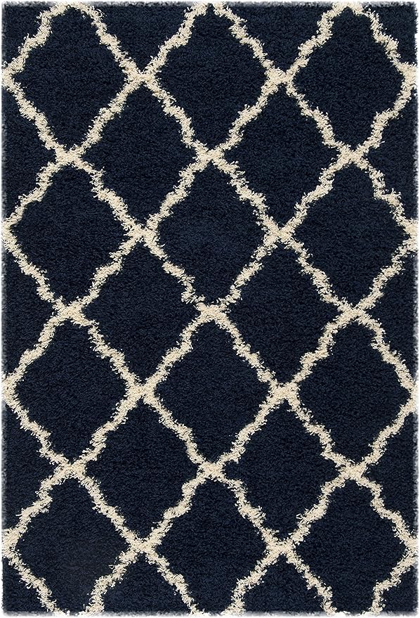 SAFAVIEH Dallas Shag Collection Area Rug - 6' x 9', Navy & Ivory, Trellis Design, Non-Shedding & Easy Care, 1.5-inch Thick Ideal for High Traffic Areas in Living Room, Bedroom (SGD257N)