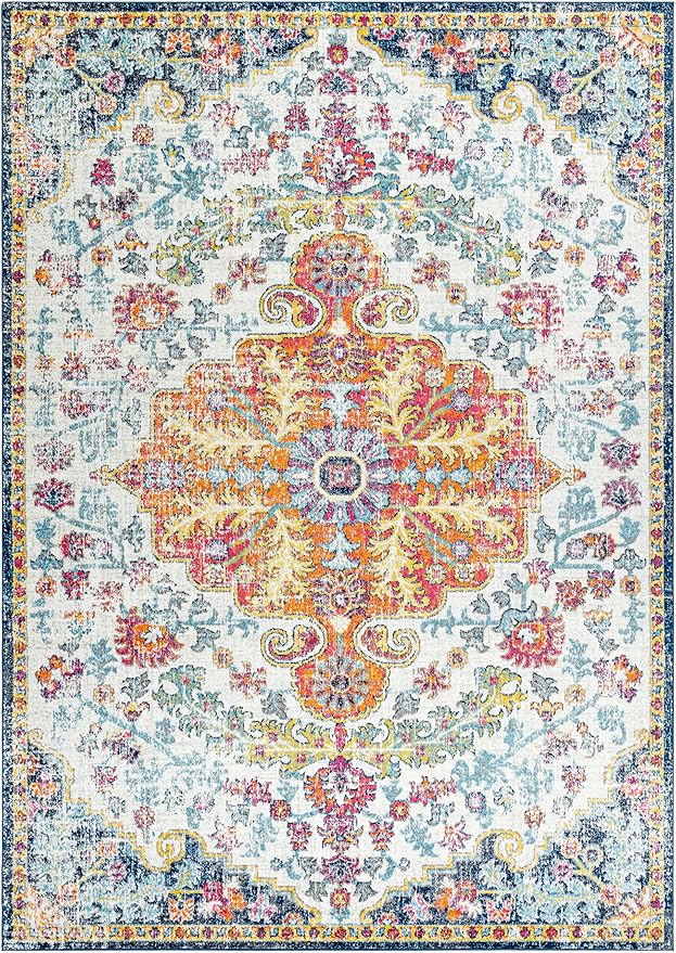 Livabliss Area Rugs - 12x18 Odelia Vintage Boho Aqua Off-White Blue Area Rug for Living Room Bedroom - Floral Medallion Stain Resistant Carpet for Kitchen, Nursery, Office (12' x 18')