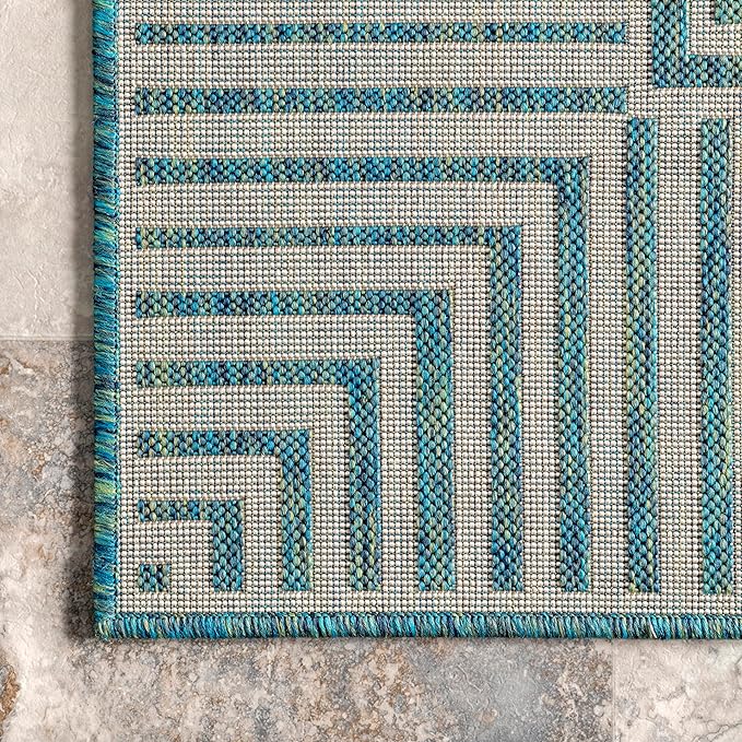 Nuloom Asha Teal/Ivory, 9'6" x 12', Casual, Striped Border, Soft and Cozy, High Traffic, Stain Resistant, Easy Clean, Durable Area Rug for Indoor/Outdoor Patio, Deck, Porch, Garden, Courtyard