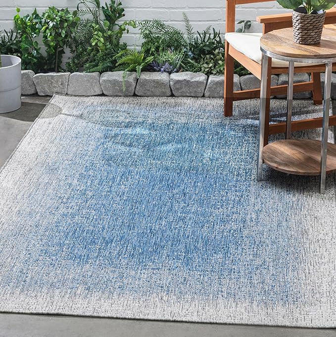 FH Home Flat Woven Outdoor Rug - Waterproof, Easy to Clean, Stain Resistant - Premium Polypropylene Yarn - Modern Ombre - Large Patio, Deck, Sunroom - Dhruva - Blue - 7ft 8in x 9ft 8in