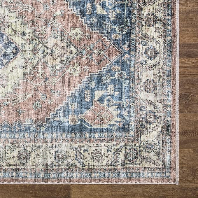Bloom Rugs Washable Non-Slip 2x3 Rug - Coral Pink/Ocean Blue Traditional Oriental Area Rug for Living Room, Bedroom, Dining Room, and Kitchen - Exact Size: 2' x 3'