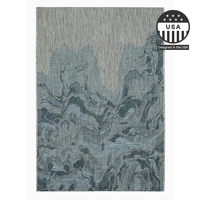 FH Home Outdoor Rug - Waterproof Easy to Clean Stain Resistant - Patio Indoor Outdoor Porch Deck Balcony Entryway - Modern Abstract - Freeport - Blue - 7ft 8in x 9ft 8in