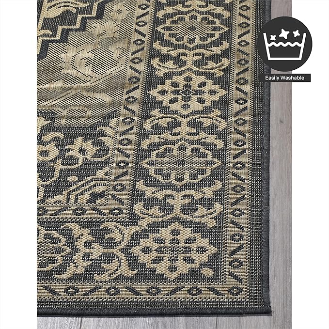 FH Home Flat Woven Outdoor Rug - Waterproof, Easy to Clean, Stain Resistant - Premium Polypropylene Yarn - Vintage - Patio, Deck,Porch,Balcony,Laundry - Ankara - Charcoal - 3ft 11 in x 5ft 6in