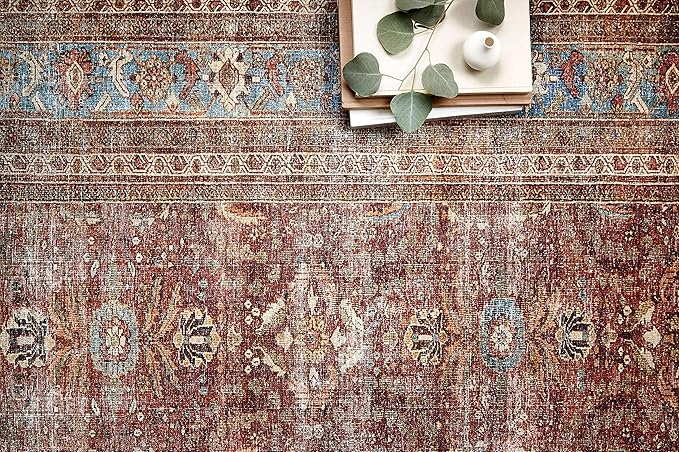 Loloi Layla Collection LAY-01 Brick/Blue 3'-6" x 5'-6" .13" Thick Accent Rug, Soft, Durable, Vintage Inspired, Distressed, Low Pile, Non-Shedding, Easy Clean, Printed, Living Room Rug