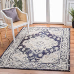 SAFAVIEH Monaco Collection Area Rug - 5'1" x 7'7", Ivory & Navy, Boho Chic Medallion Distressed Design, Non-Shedding & Easy Care, Ideal for High Traffic Areas in Living Room, Bedroom (MNC243C)