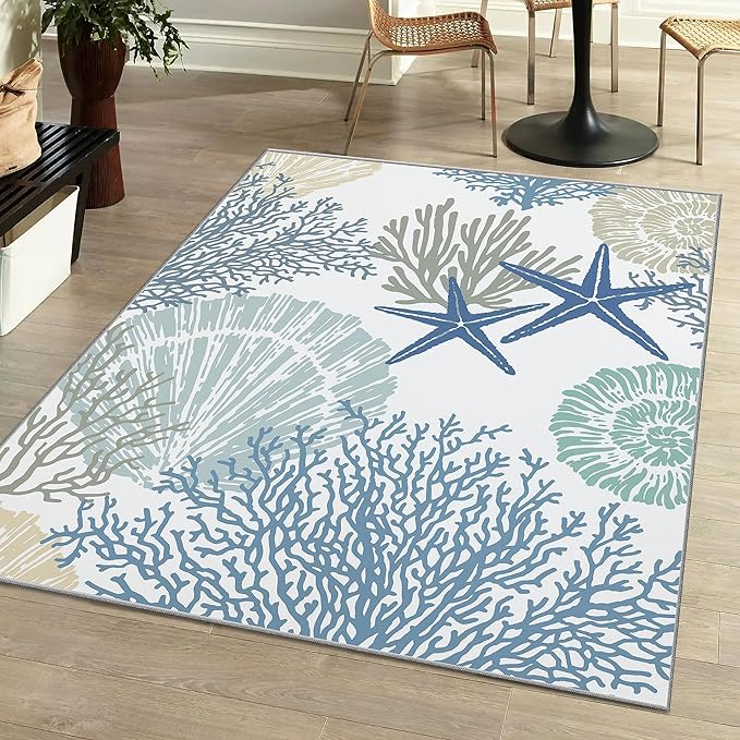 Tritard Coastal Area Rugs Nautical Beach Themed Non-Slip Machine Washable Rugs Modern Floor Carpet for Living Room Bedroom, 6x9, Blue