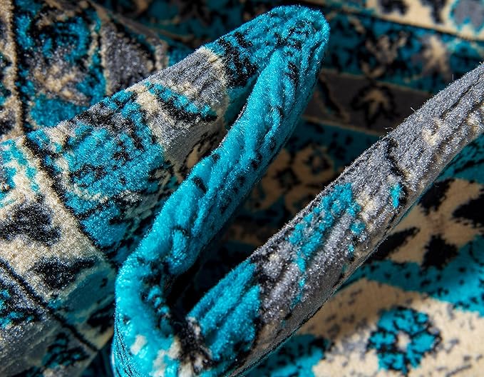 Unique Loom Taftan Collection Border Geometric Tribal Inspired Design Area Rug (9' 0 x 12' 0 Rectangular, Turquoise/ Gray)
