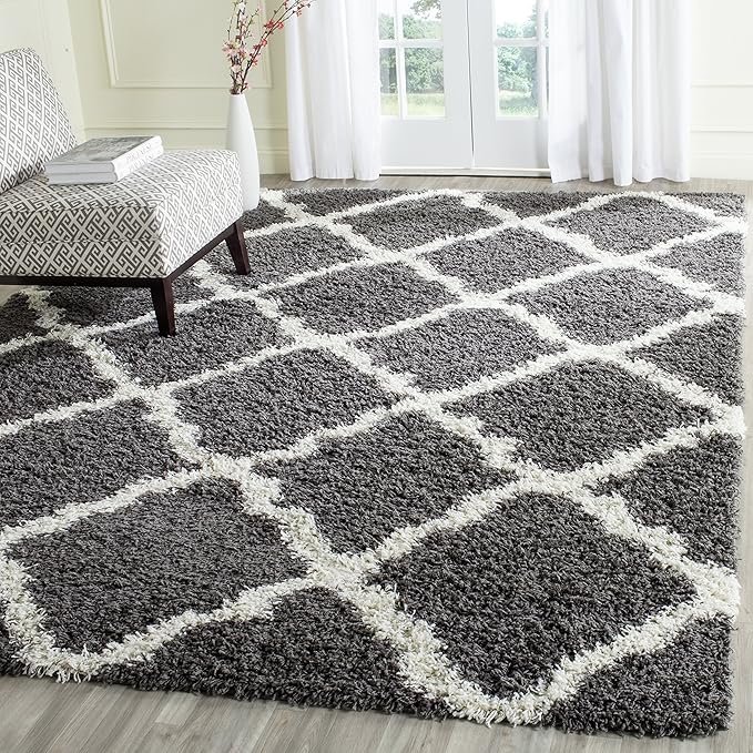 SAFAVIEH Dallas Shag Collection Accent Rug - 3' x 5', Dark Grey & Ivory, Trellis Design, Non-Shedding & Easy Care, 1.5-inch Thick Ideal for High Traffic Areas in Foyer, Living Room, Bedroom (SGD257A)