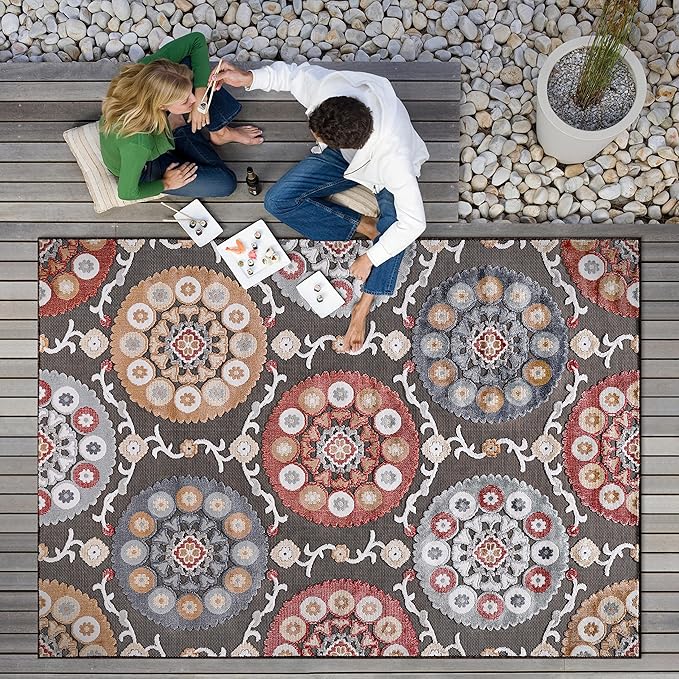 CAMILSON Indoor Outdoor Rug 10x14 Bohemian Medallion Floral Area Rugs for Indoor and Outdoor Patios Easy-Cleaning Non-Shedding Living Room Garden and Kitchen Washable Outside Carpet (10 x 14 / Brown)