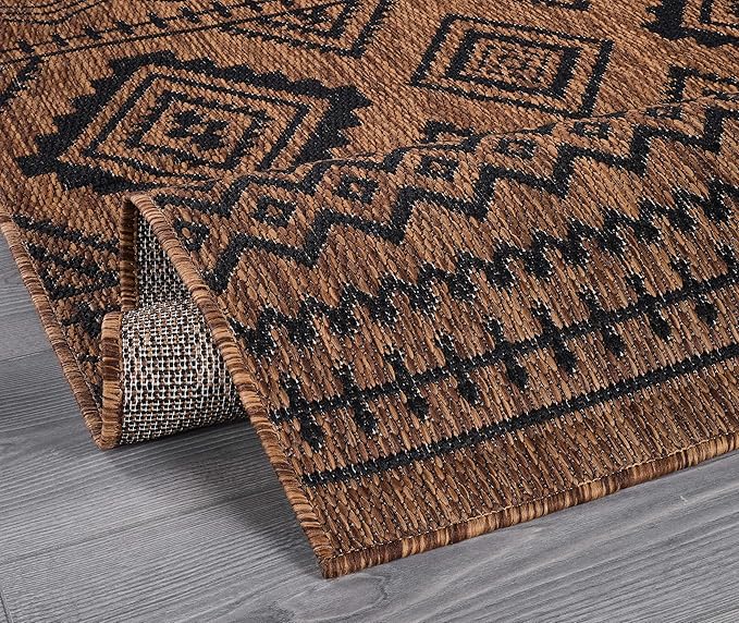 Beverly Rug Waikiki Boho Indoor Outdoor Rug 9x12, Washable Outside Carpet for Patio, Deck, Porch, Bohemian Area Rug, Farmhouse Rugs, Aztec Tribal Rug, Nut Brown and Black