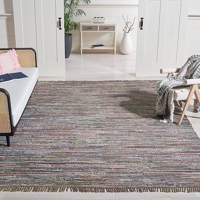 SAFAVIEH Rag Rug Collection Area Rug - 6' Square, Rust & Multi, Handmade Boho Stripe Cotton, Ideal for High Traffic Areas in Living Room, Bedroom (RAR121E)