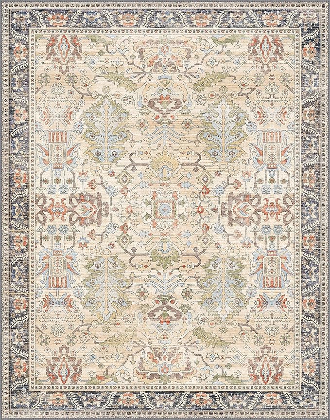 Bavni Area Rugs 8x10 Clearance, Rugs for Living Room, Machine Washable Rug Lightweight Low Pile, Chenille Non Slip Rug Boho Print Decorative Carpet for Bedroom Dinning Room, Ivory/Teal