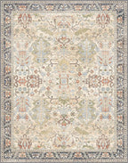 Bavni Area Rugs 8x10 Clearance, Rugs for Living Room, Machine Washable Rug Lightweight Low Pile, Chenille Non Slip Rug Boho Print Decorative Carpet for Bedroom Dinning Room, Ivory/Teal