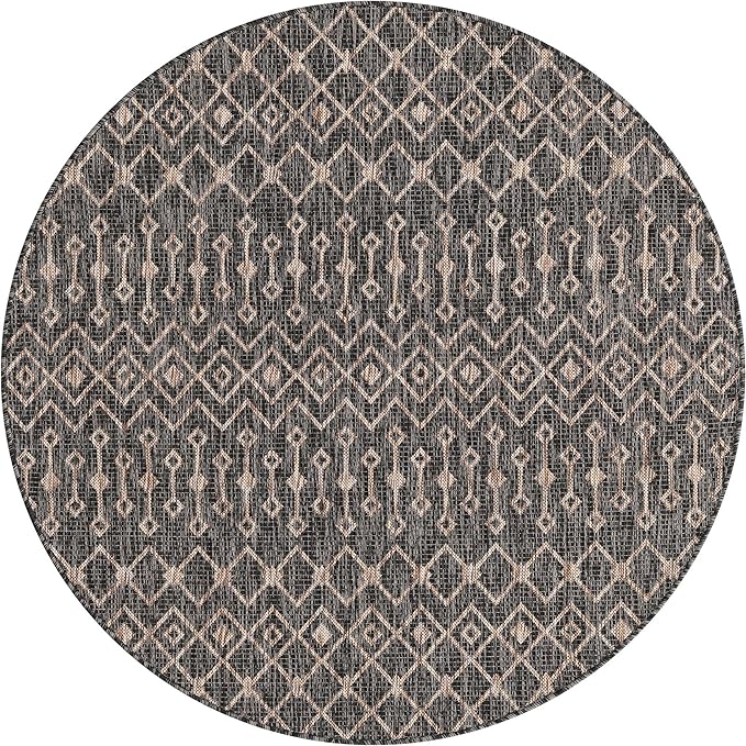 Unique Loom Outdoor Trellis Collection Area Rug - Tribal Trellis (5' 3" Round, Charcoal Gray/ Natural)