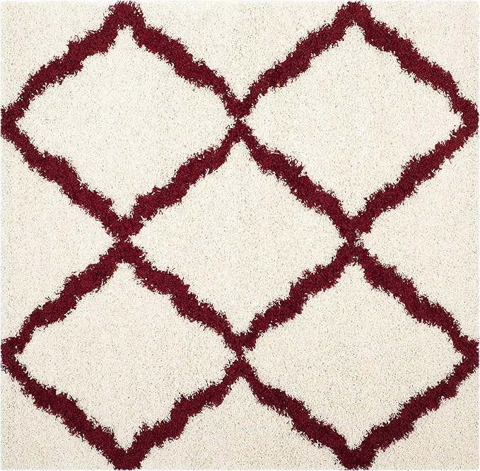 SAFAVIEH Dallas Shag Collection Area Rug - 8' Square, Ivory & Red, Trellis Design, Non-Shedding & Easy Care, 1.5-inch Thick Ideal for High Traffic Areas in Living Room, Bedroom (SGD257R)